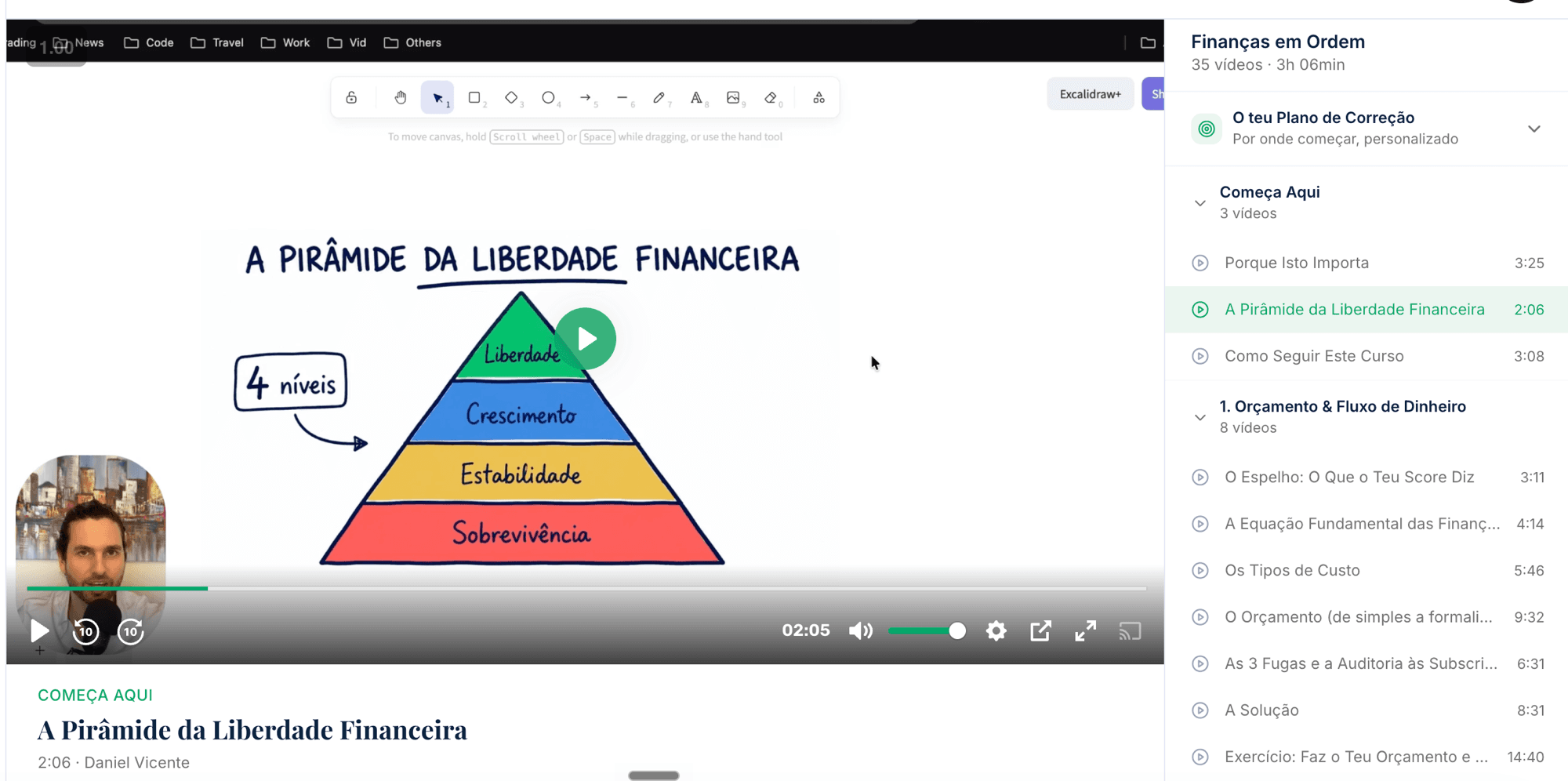 Um vídeo do curso Finanças em Ordem a tocar na plataforma